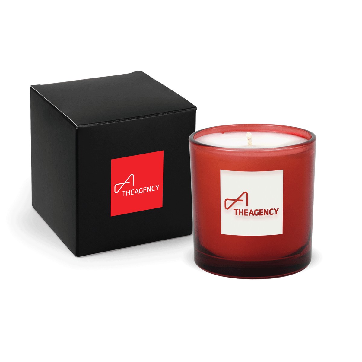 Red 9 oz. engraved colored glass candle paired with a matte black gift box.