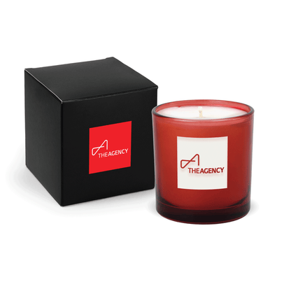Red 9 oz. engraved colored glass candle paired with a matte black gift box.