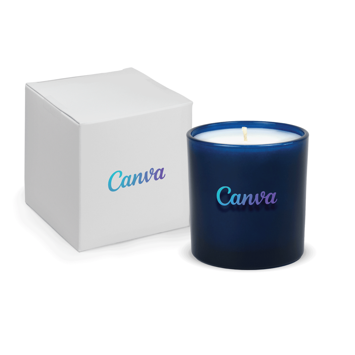 Blue 9 oz. printed colored glass candle paired with a white gift box.