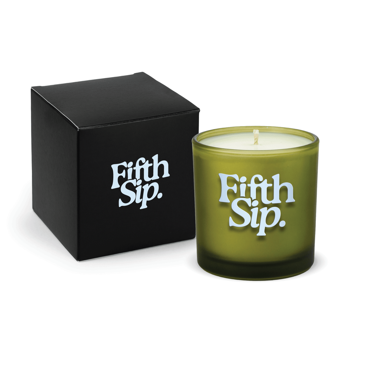Green 9 oz. printed colored glass candle paired with a matte black gift box.