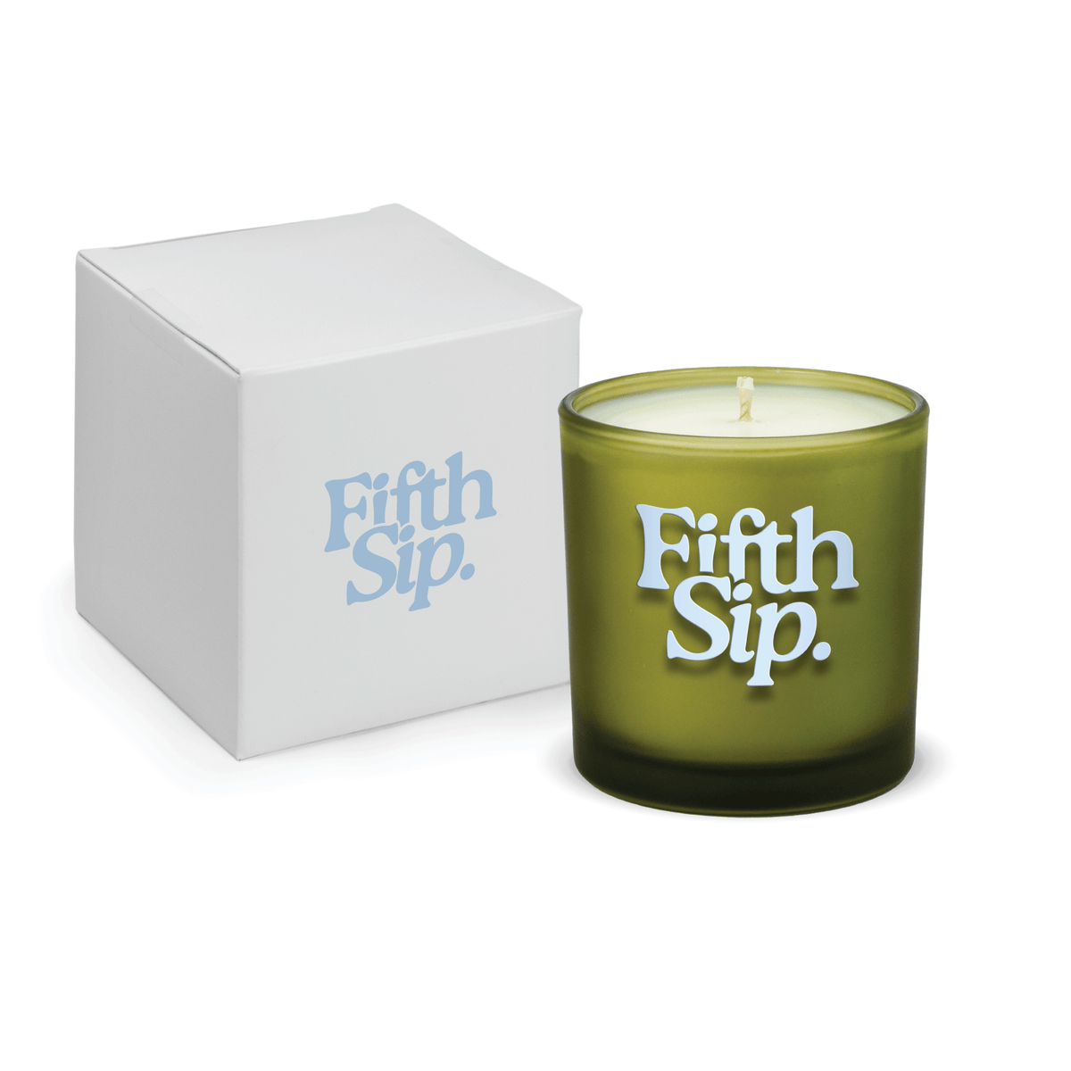 Green 9 oz. printed colored glass candle paired with a white gift box.
