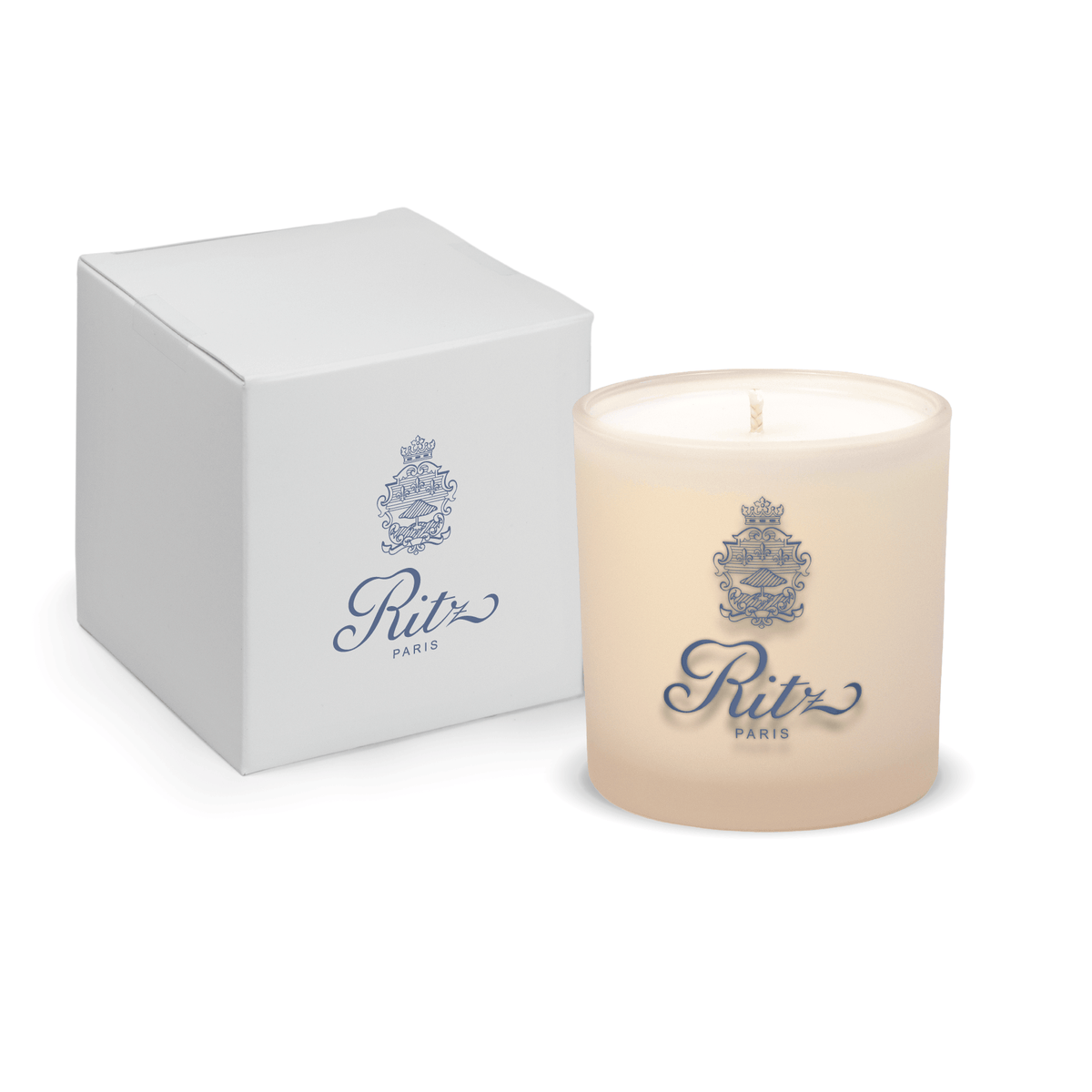 Ivory 9 oz. printed colored glass candle paired with a white gift box.