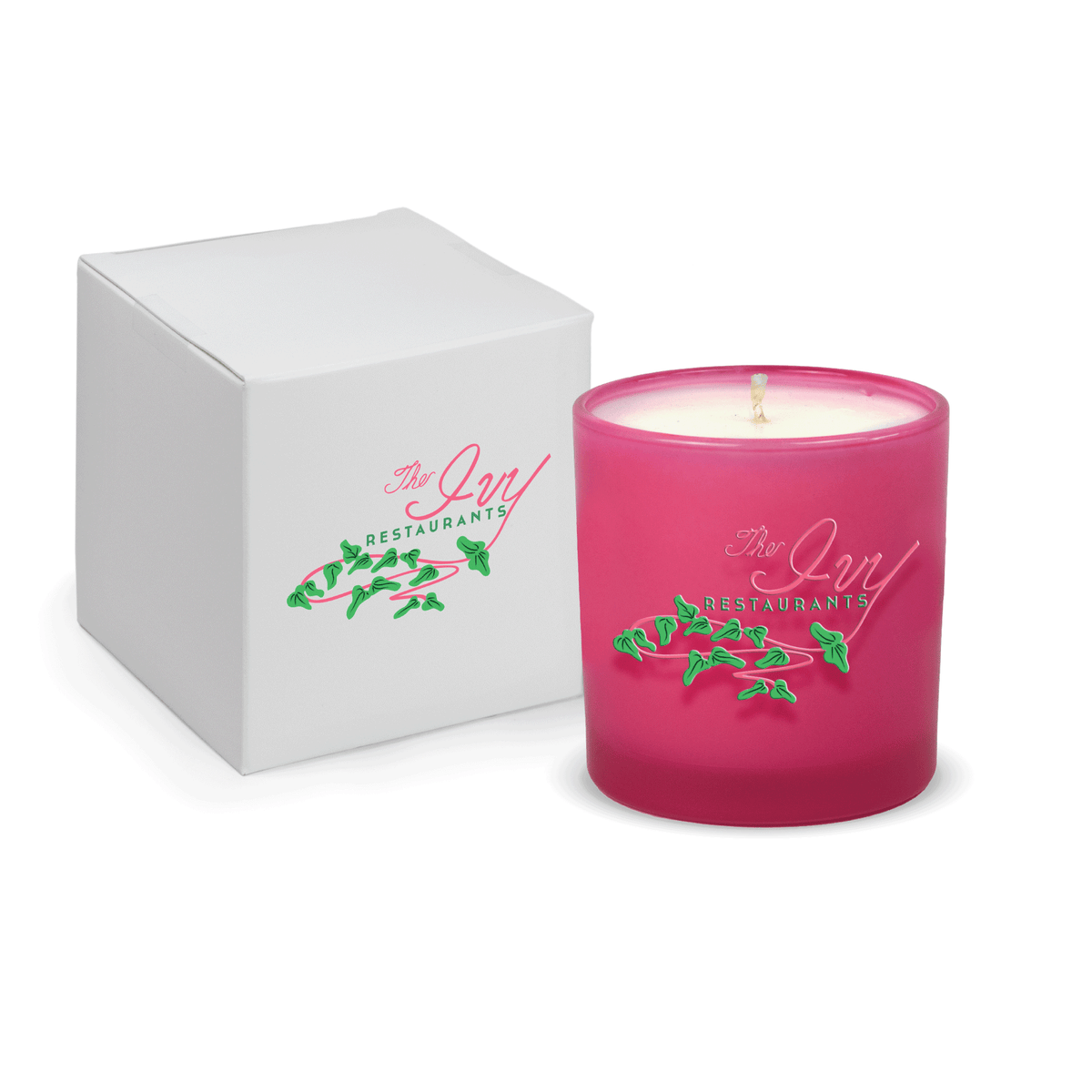 Pink 9 oz. printed colored glass candle paired with a white gift box.