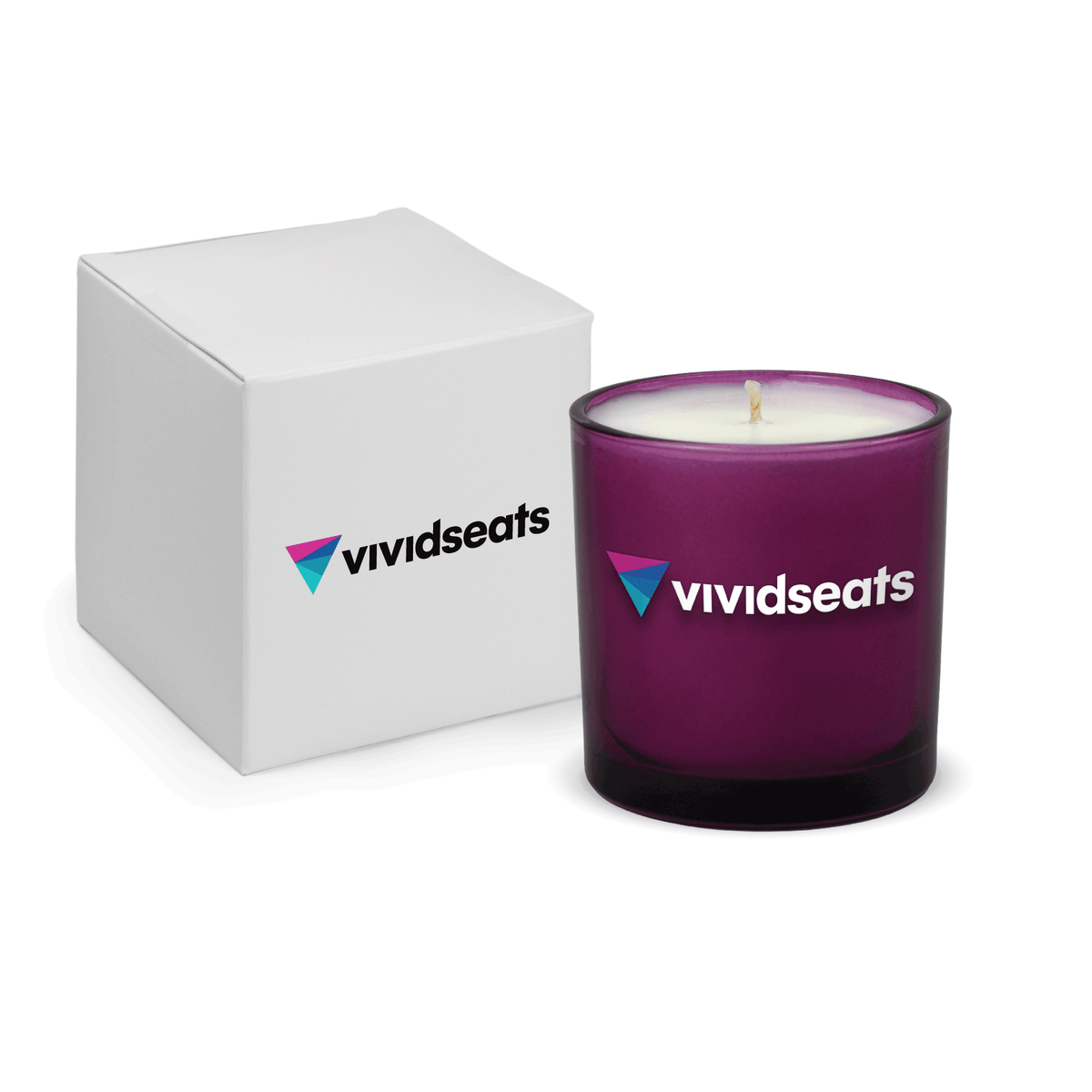 Purple 9 oz. printed colored glass candle paired with a white gift box.