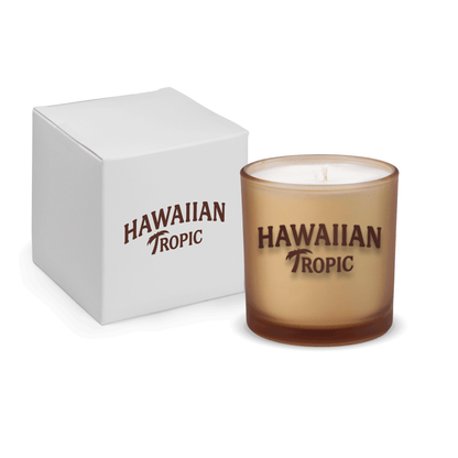 Sand 9 oz. printed colored glass candle paired with a white gift box.