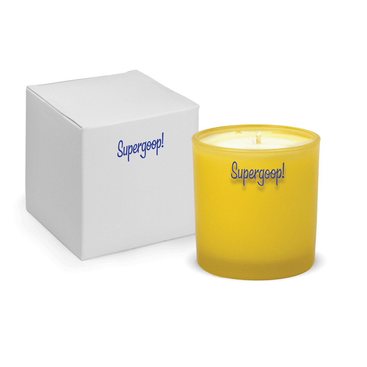 Yellow 9 oz. printed colored glass candle paired with a white gift box.