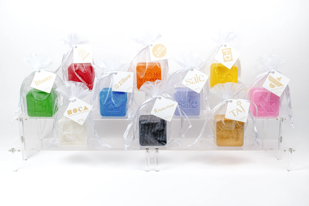 Custom Candles LA bath bomb organza gift bag, close detail with engraved hang tag