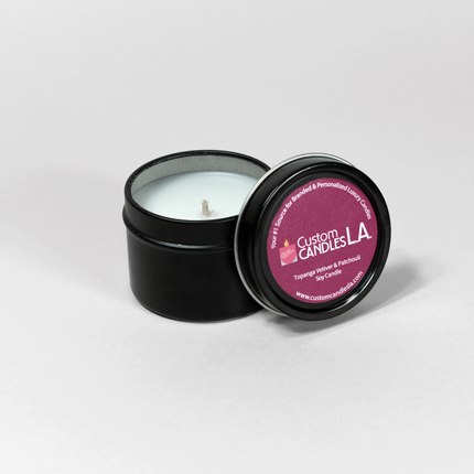 Single black tin of 2 oz Sample Fragrance Travel Candles from Custom Candles LA.