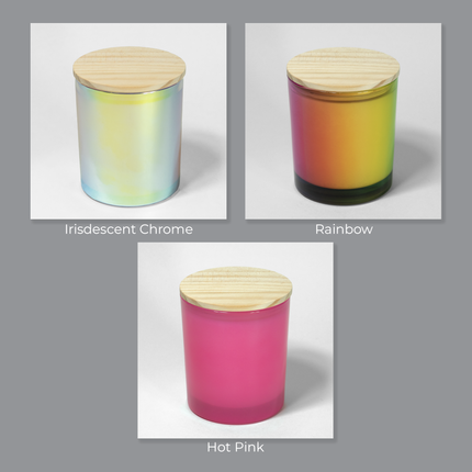 A selection of 3 different colors of glass vessels from Custom Candles LA. This selection shows the Iridescent Chrome, Rainbow and Hot Pink vessels available.