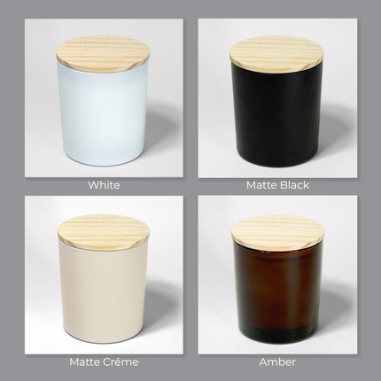 A selection of 4 different colors of glass vessels from Custom Candles LA. This selection shows the White, Matte Black, Matte Creme and Amber vessels available.