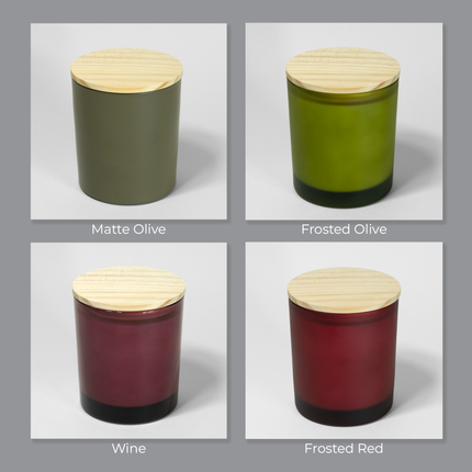 A selection of 4 different colors of glass vessels from Custom Candles LA. This selection shows the Matte Olive, Frosted Olive, Wine and Frosted Red vessels available.