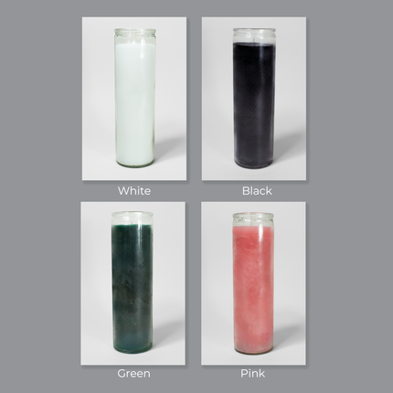 A selection of 4 different colors of 16 oz tall cylindrical prayer candles from Custom Candles LA. This selection shows the white, black, green, and pink wax colors available, all encased in clear glass.