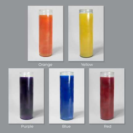 A selection of 5 different colors of 16 oz tall cylindrical prayer candles from Custom Candles LA. This selection shows the orange, yellow, purple, blue, and red wax colors available, all encased in clear glass.