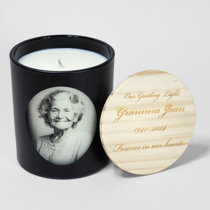 Memorial Photo 14 oz. Candle in matte black from Custom Candles LA—Sample-Our Guiding Light Gramma Jean 1941-2024 Forever In Our Hearts