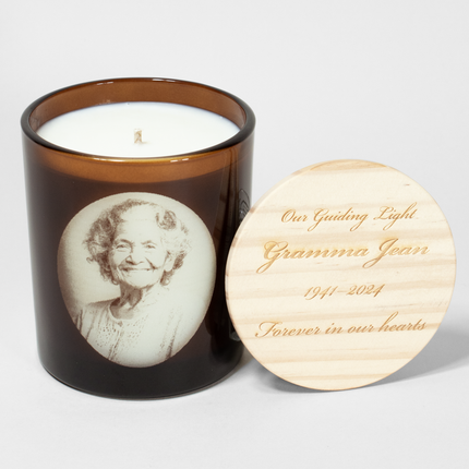 Memorial Photo 14 oz. Candle in amber from Custom Candles LA—Sample-Our Guiding Light Gramma Jean 1941-2024 Forever In Our Hearts