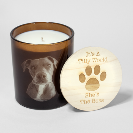 Deluxe Dog Photo Candle from Custom Candles LA. Its a Tilly World. She's the Boss.