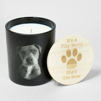 Deluxe Dog Photo Candle from Custom Candles LA. Its a Tilly World. She's the Boss.