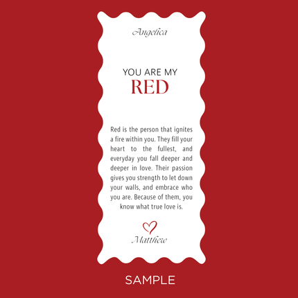 A sample image for the "You are my RED" prayer candle from Custom Candles L.A. on a red background with a white scalloped label that reads "You are my RED" followed by an explanation of what the color red represents along with a red heart.