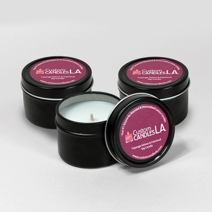 Three-Pack of black tins of 2 oz Sample Fragrance Travel Candles from Custom Candles LA.