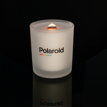 Satin Frosted 14 oz. Luxury Printed Candle lit, shown on a black background.