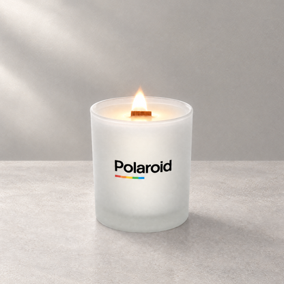 Satin Frosted 14 oz. Luxury Printed Candle lit with a printed custom logo, shown on a matching frosted background.