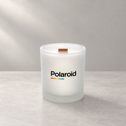 Satin frosted 14 oz. Luxury Printed Candle with a custom printed logo, unlit.