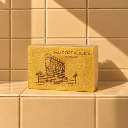 Gold rectangle bar soap laser engraved with a brand logo, 3.25 oz