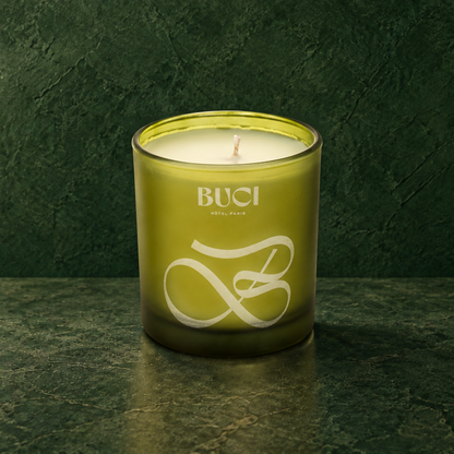 Green 9 oz. Classic Engraved Candle with a custom engraved logo, unlit.