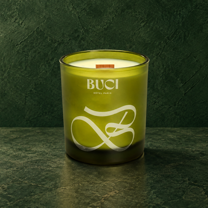Green 14 oz. Luxury Engraved Candle with a custom engraved logo, unlit.