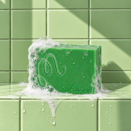 Green rectangle bar soap laser engraved with a brand logo, 3.25 oz, with soap bubbles