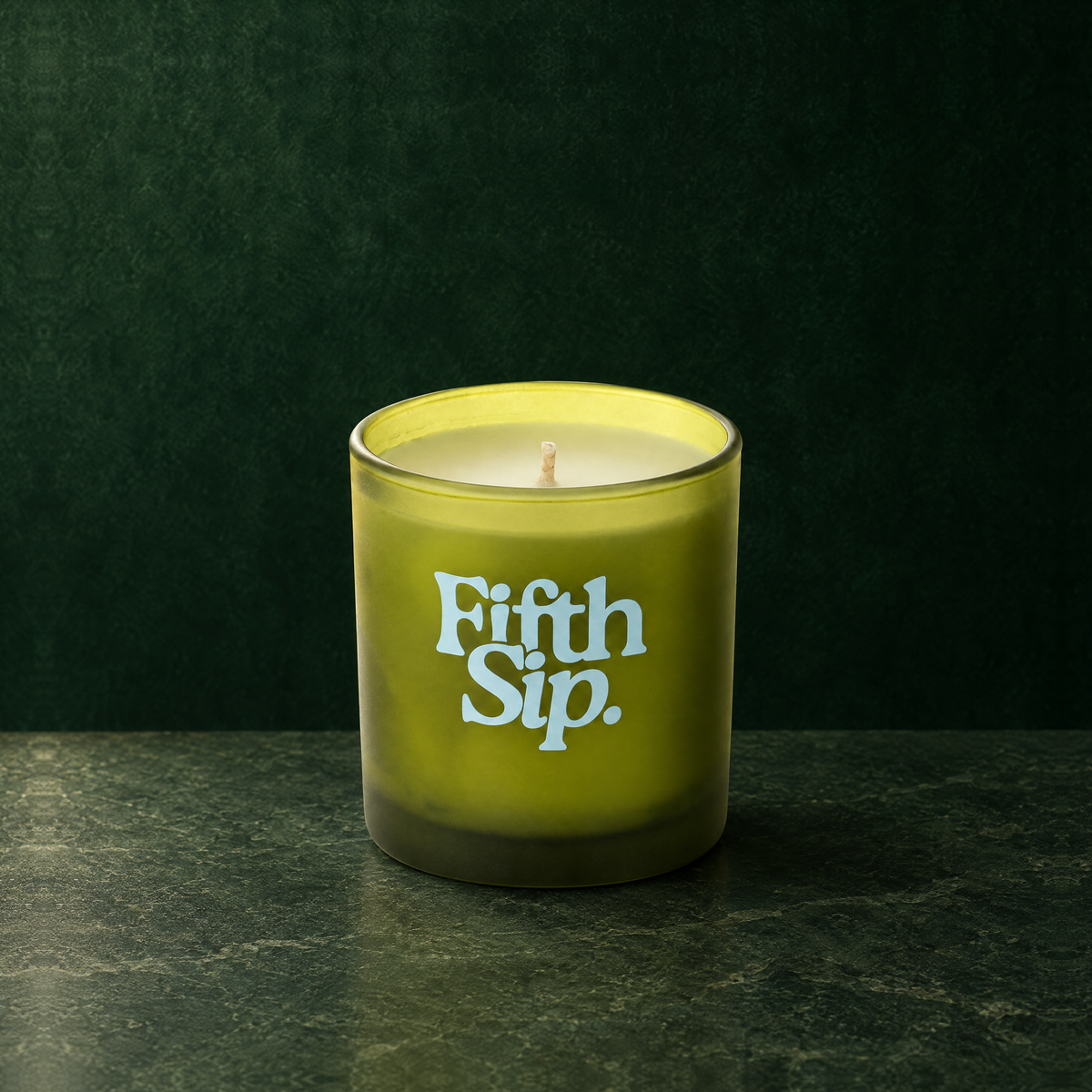 Green 9 oz. Classic Printed Candle with a custom printed logo, unlit.