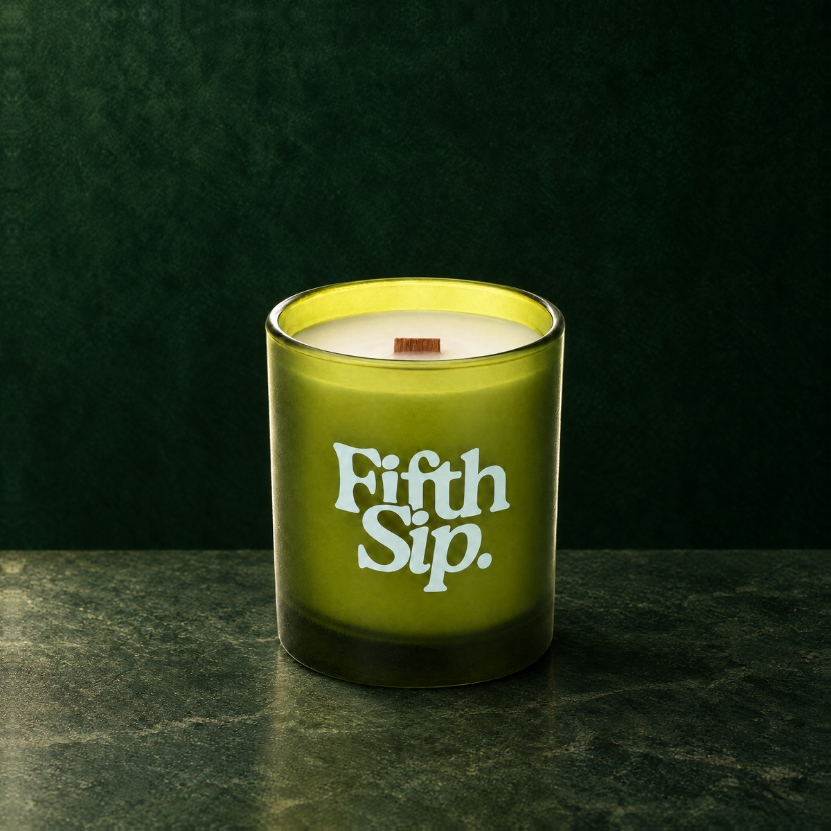 Green 14 oz. Luxury Printed Candle with a custom printed logo, unlit.