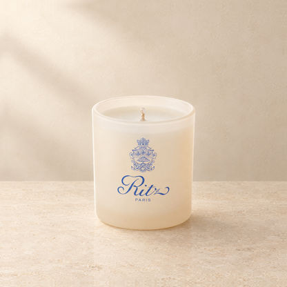 Ivory 9 oz. Classic Printed Candle with a custom printed logo, unlit.