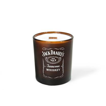 Glossy amber 14 oz luxury candle with a printed brand logo, shown on its own.