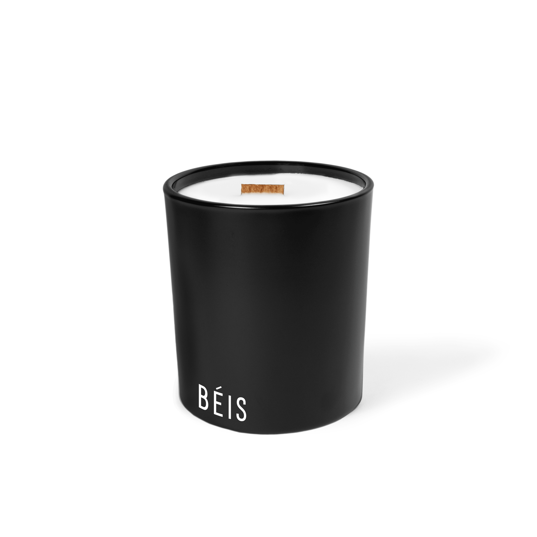 Matte black 14 oz luxury candle with a printed brand logo, shown on its own.