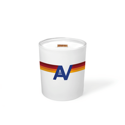 Matte white 14 oz luxury candle with a printed brand logo, shown on its own.