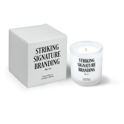 Frosted 3 oz Mini Signature candle, printed, shown beside its gift box.