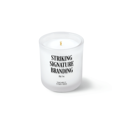 Frosted 3 oz Mini Signature candle with a printed custom logo, shown on its own.