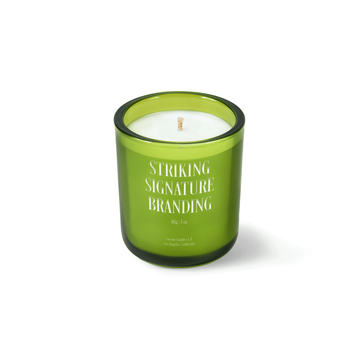 Verdant green 3 oz Mini Signature candle with a laser-engraved custom logo, shown on its own.
