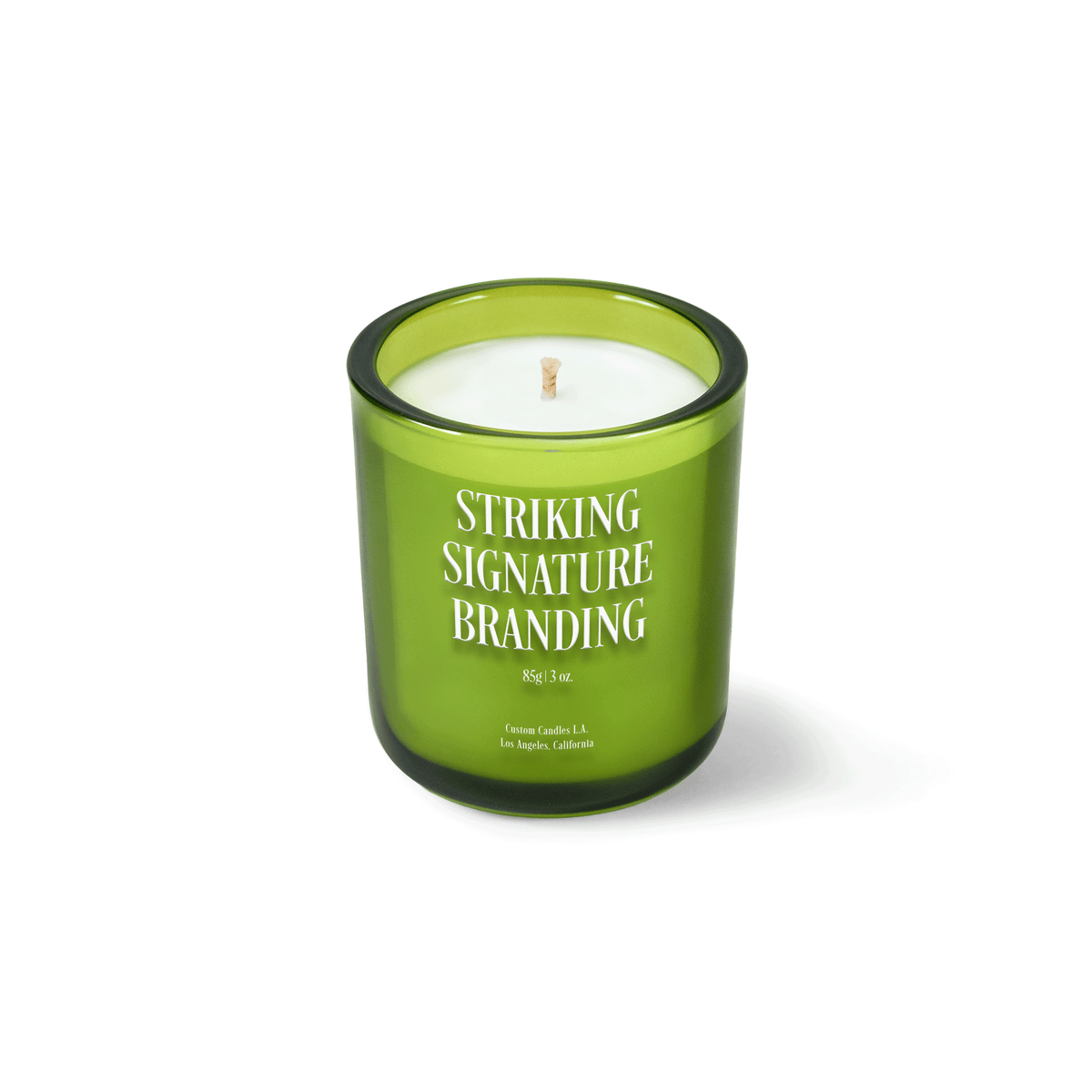Verdant green 3 oz Mini Signature candle with a printed custom logo, shown on its own.