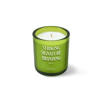 Verdant green 3 oz Mini Signature candle with a printed custom logo, shown on its own.