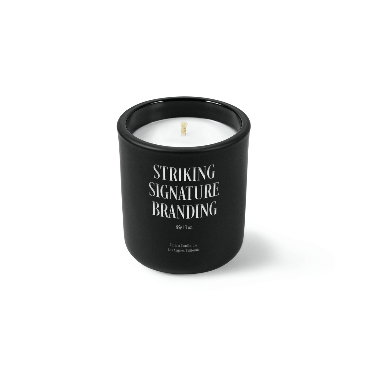 Jet black 3 oz Mini Signature candle with a laser-engraved custom logo, shown on its own.