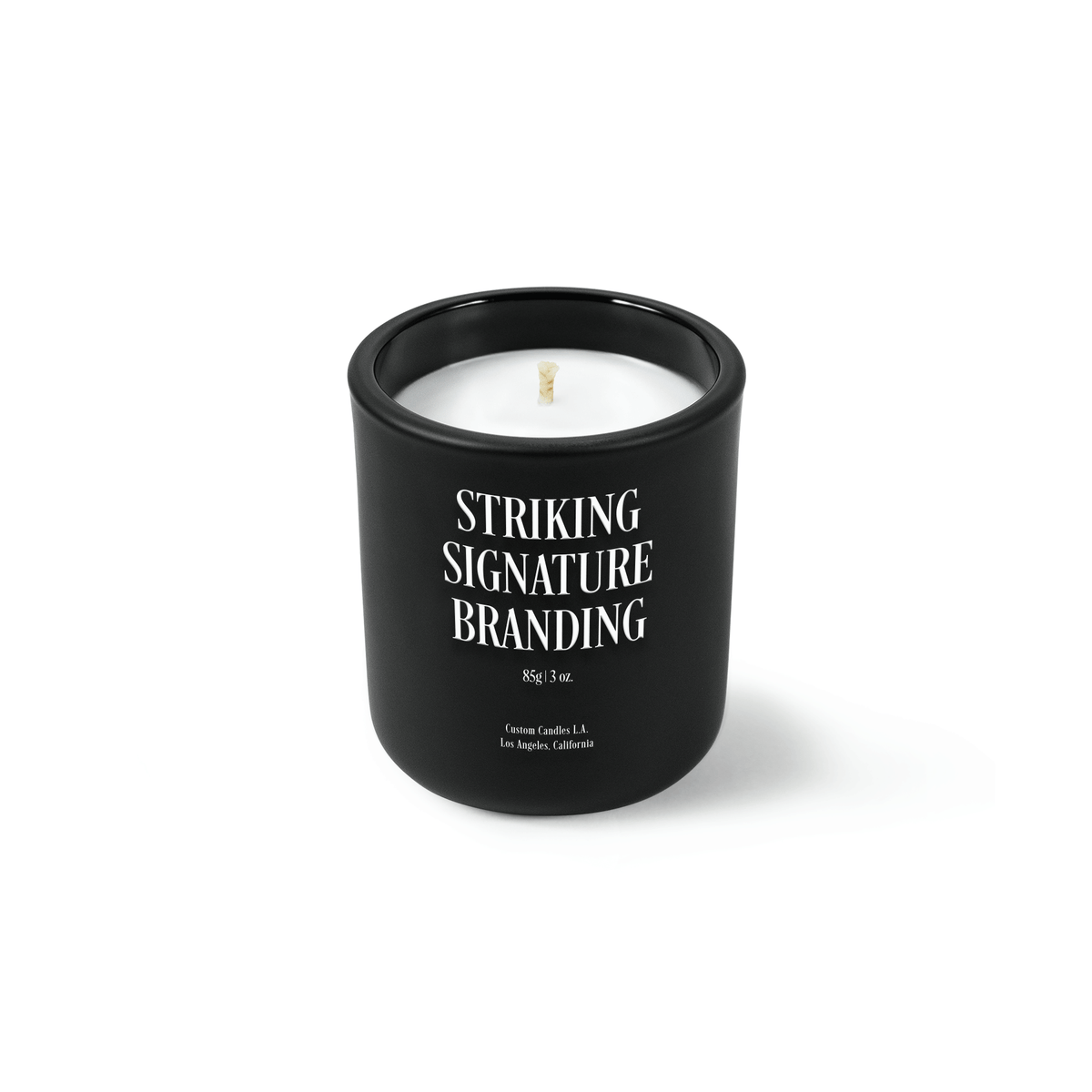 Jet black 3 oz Mini Signature candle with a printed custom logo, shown on its own.