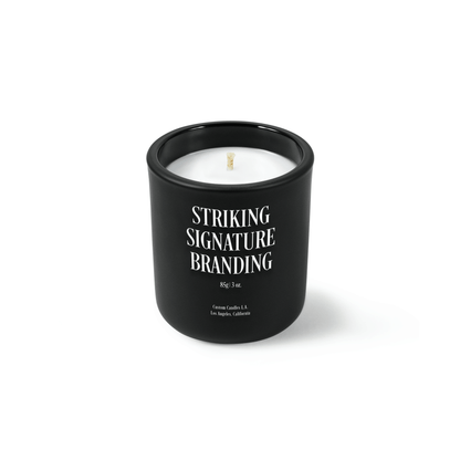 Jet black 3 oz Mini Signature candle with a printed custom logo, shown on its own.