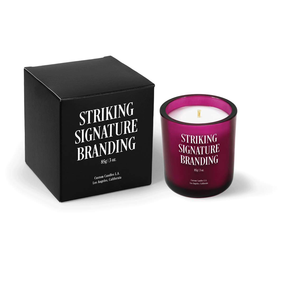 Magenta 3 oz Mini Signature candle, printed, shown beside its gift box.