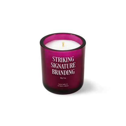 Magenta 3 oz Mini Signature candle with a printed custom logo, shown on its own.