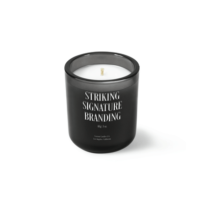 Charcoal gray 3 oz Mini Signature candle with a laser-engraved custom logo, shown on its own.