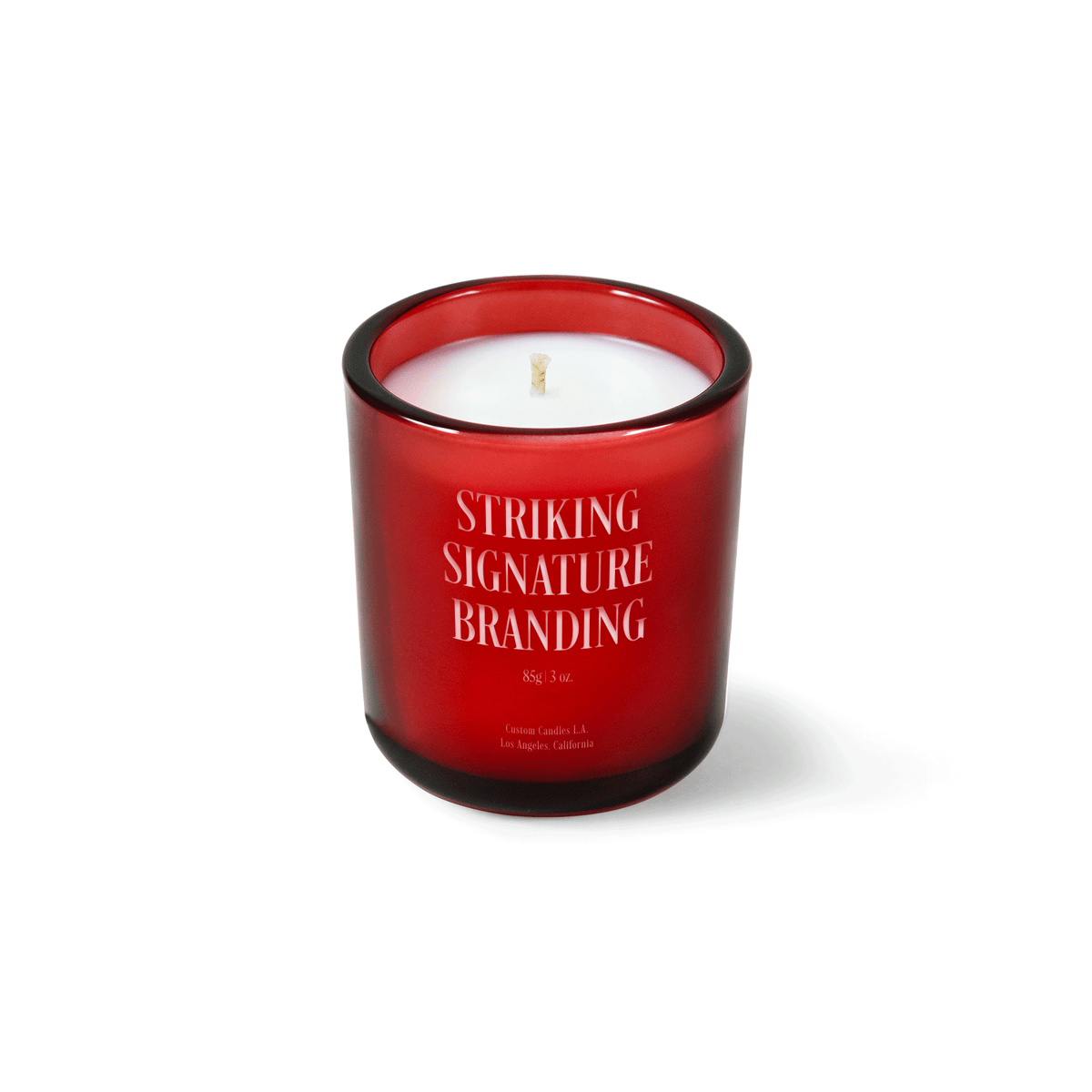 True red 3 oz Mini Signature candle with a laser-engraved custom logo, shown on its own.