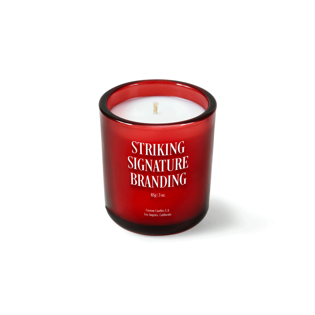 True red 3 oz Mini Signature candle with a printed custom logo, shown on its own.