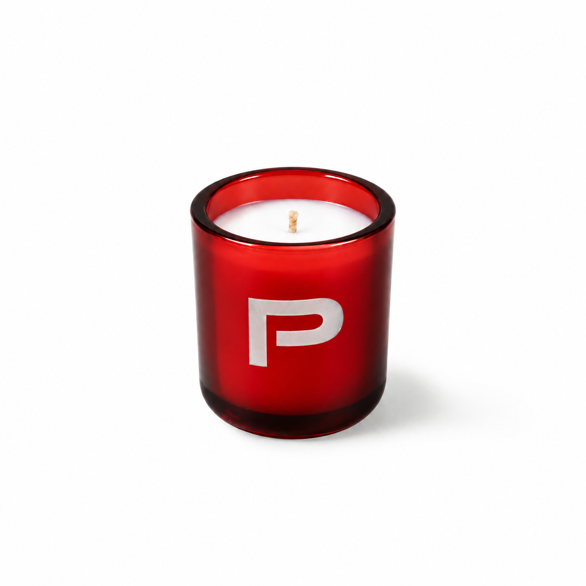 True red 3 oz Mini Signature candle with a custom printed logo, shown on its own.